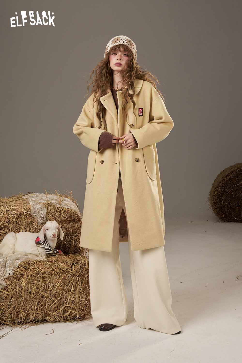 ELFSACK wool blend checkered cardigan for women styled with a cream coat and wide-leg pants