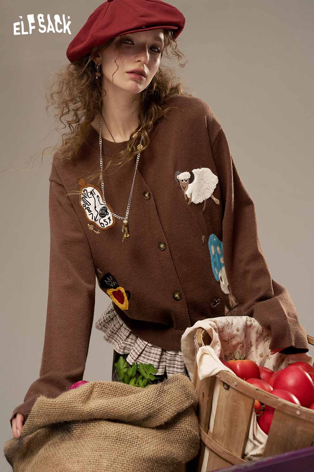 ELFSACK wool blend checkered cardigan for women with colorful animal patches and button-up design