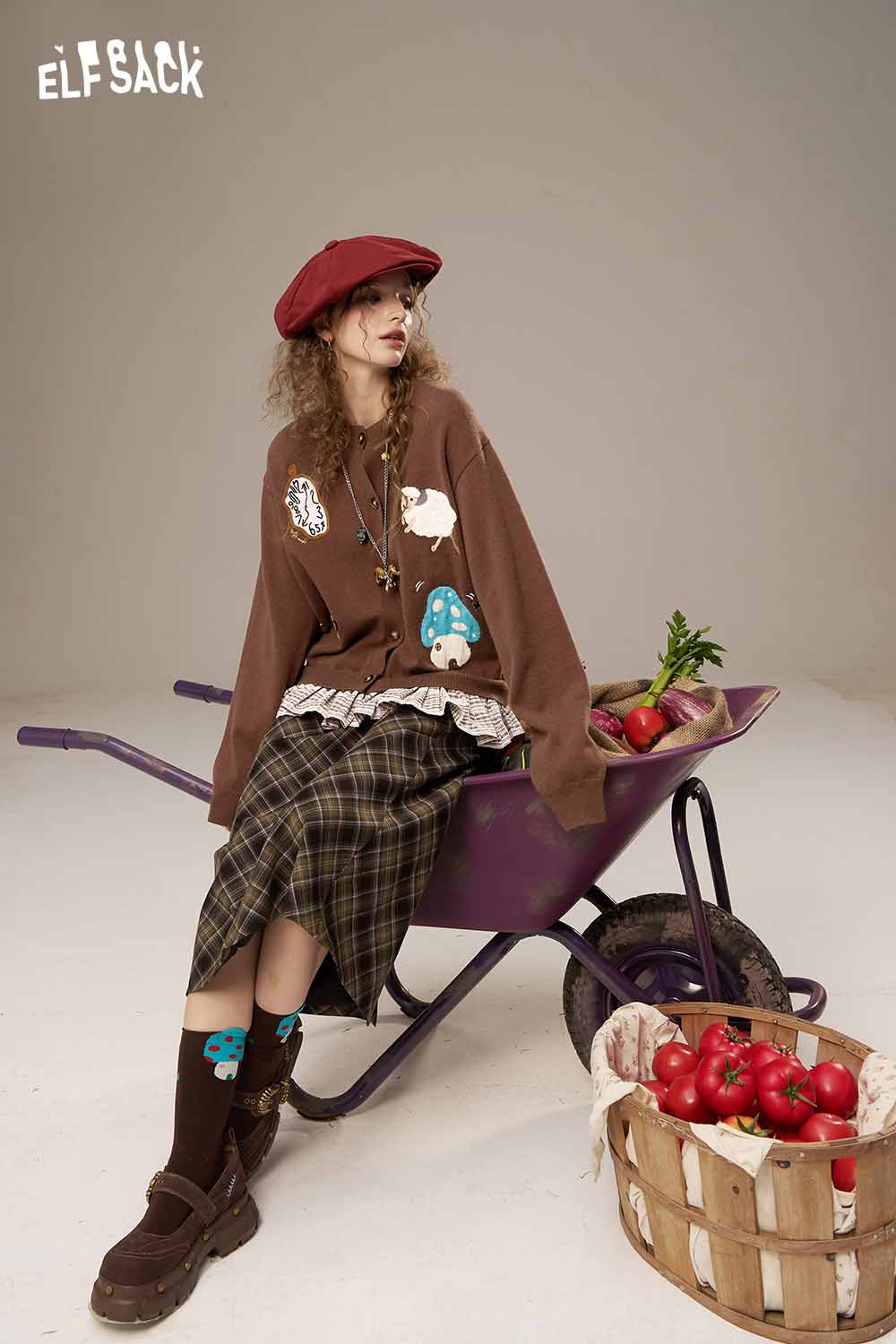 ELFSACK wool blend checkered cardigan for women styled with a skirt and accessories, perfect for a cozy look