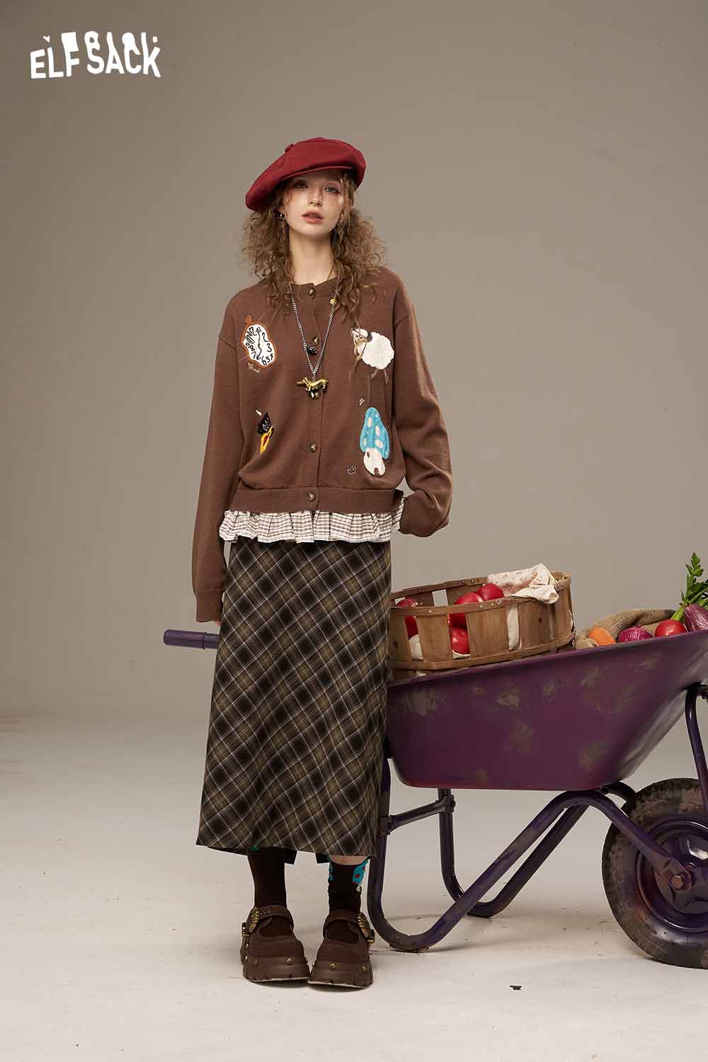 ELFSACK wool blend checkered cardigan for women styled with a long plaid skirt and accessories