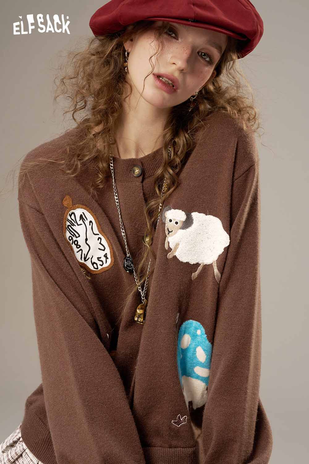 ELFSACK wool blend checkered cardigan for women featuring whimsical sheep and clock designs