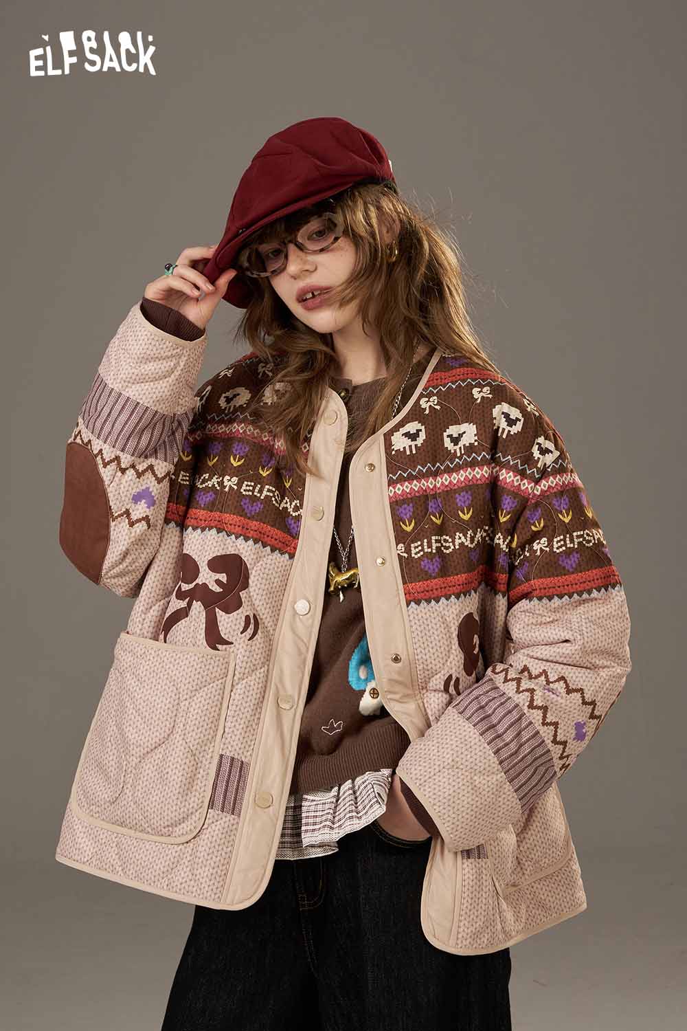 ELFSACK wool blend checkered cardigan for women with colorful patterns and stylish design