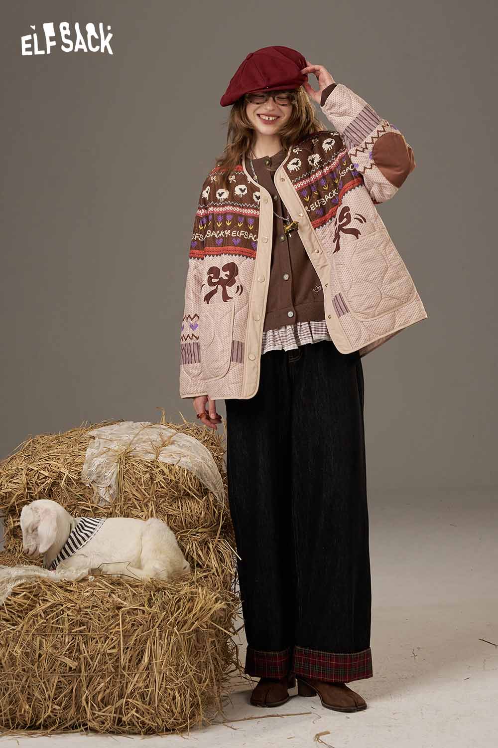 ELFSACK wool blend checkered cardigan for women in a cozy, stylish outfit with a playful knit pattern