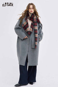 ELFSACK women's wool blend coat in gray, styled with a plaid scarf and wide-leg pants