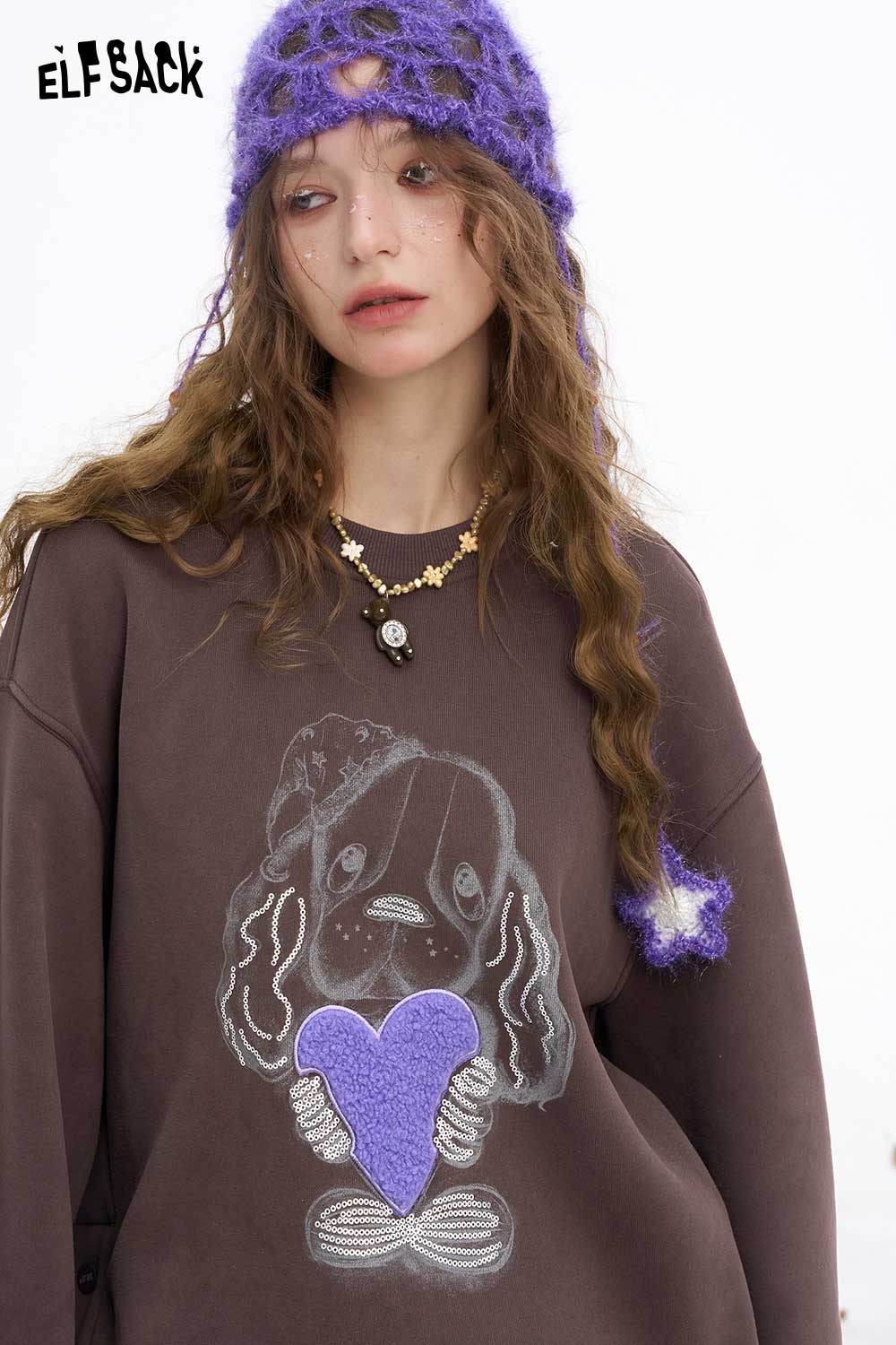 ELFSACK women's animal graphic sweatshirt featuring a cute dog illustration and purple heart design