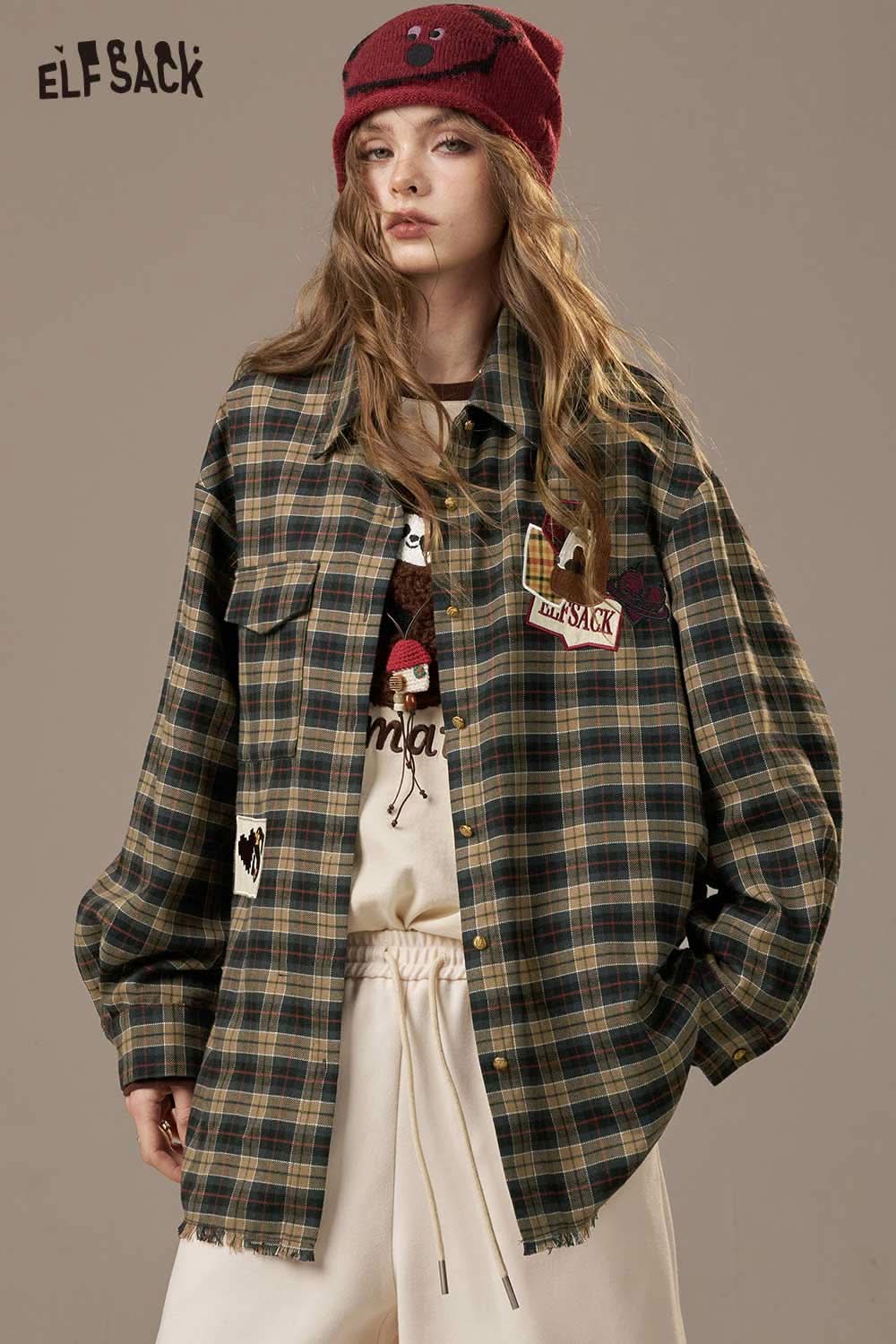 ELFSACK women's bear embroidery plaid shirt in green and black with playful patches for a stylish look