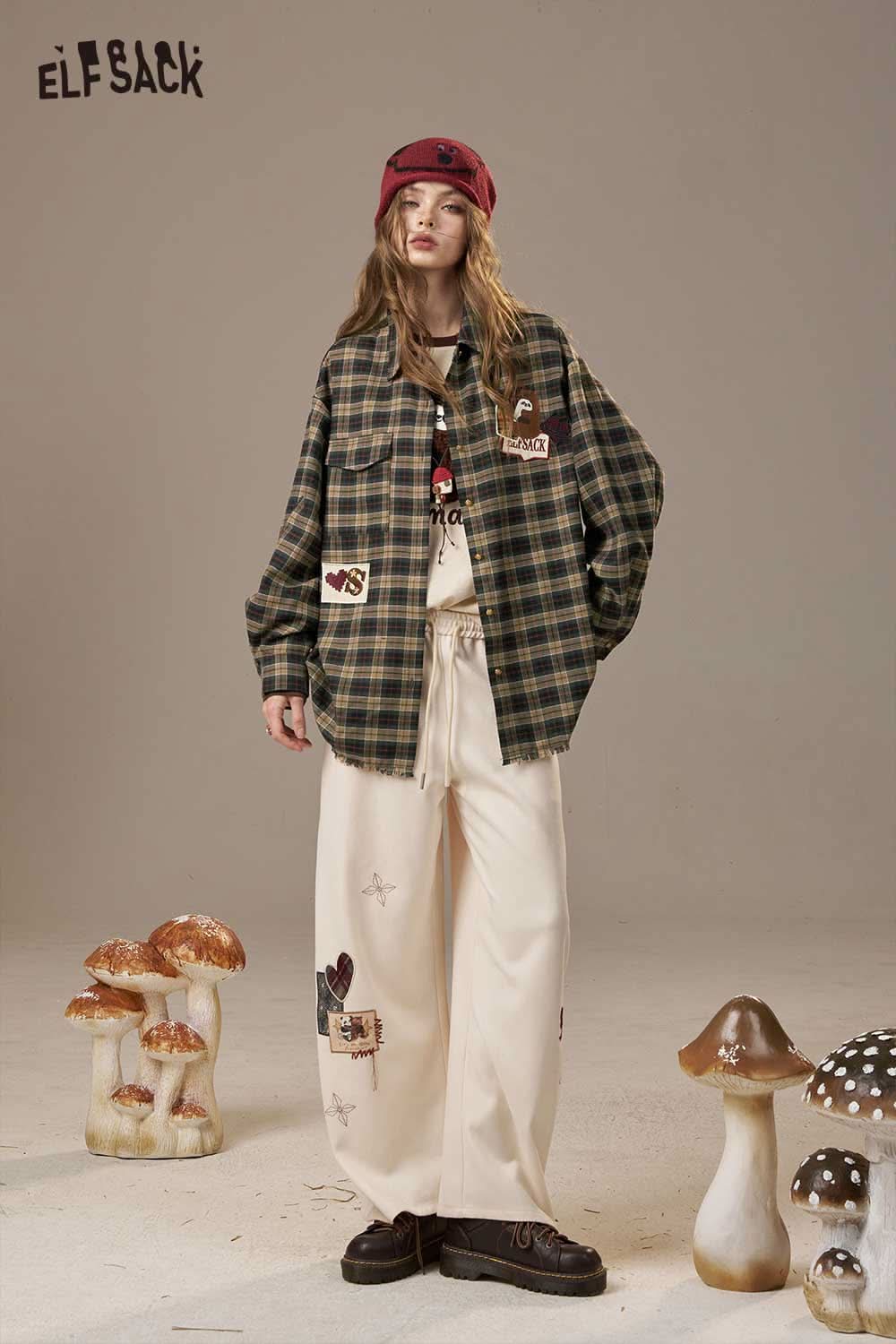 ELFSACK women's bear embroidery plaid shirt with playful patch details and relaxed fit