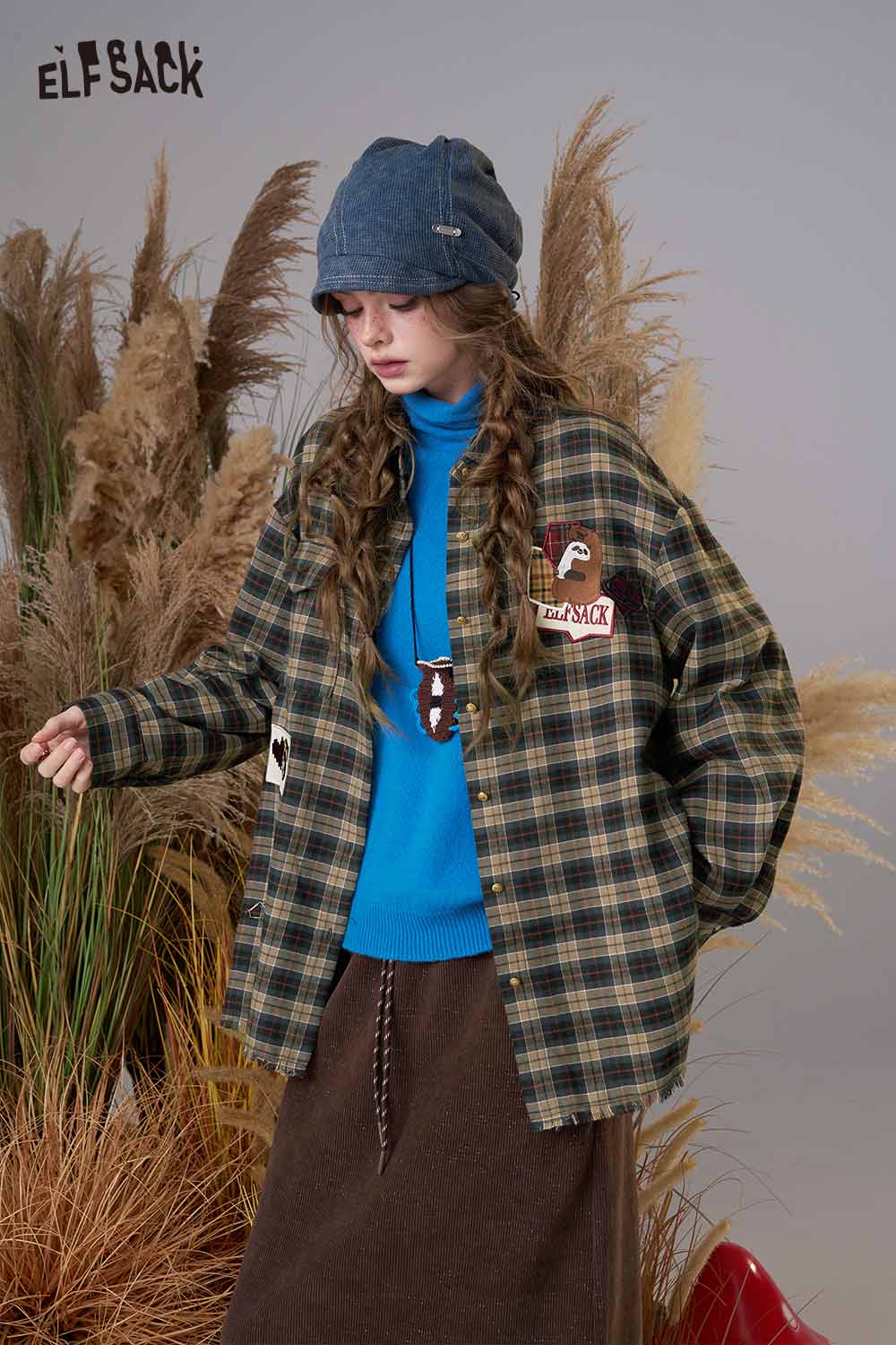 ELFSACK women's bear embroidery plaid shirt in green and brown with stylish patches and relaxed fit