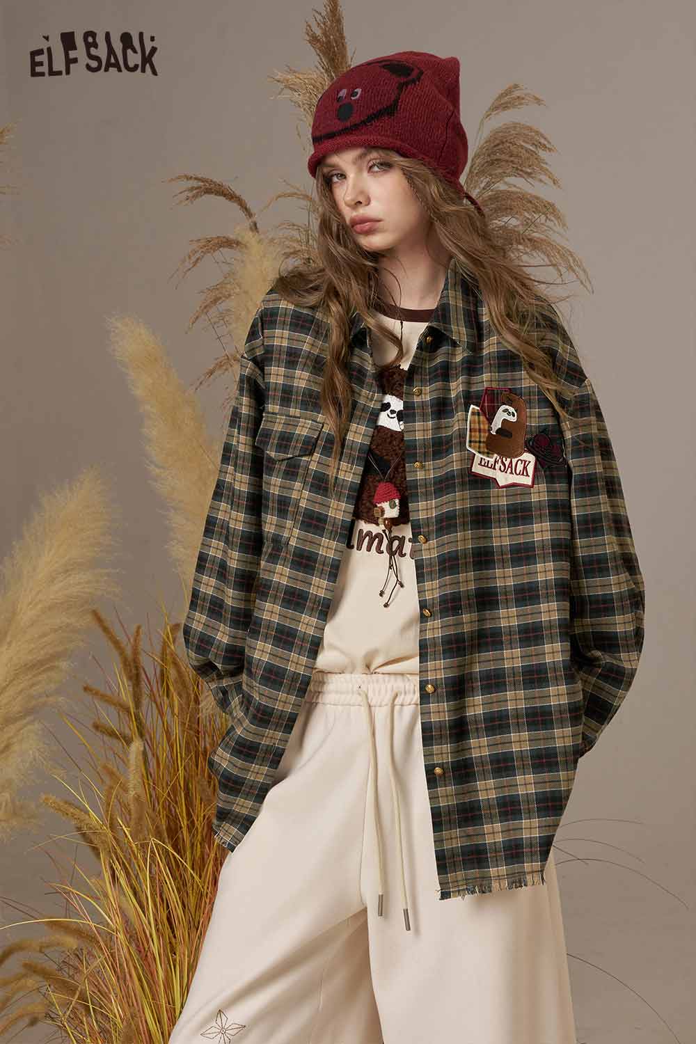 ELFSACK women's bear embroidery plaid shirt in green and black with trendy patches and oversized fit