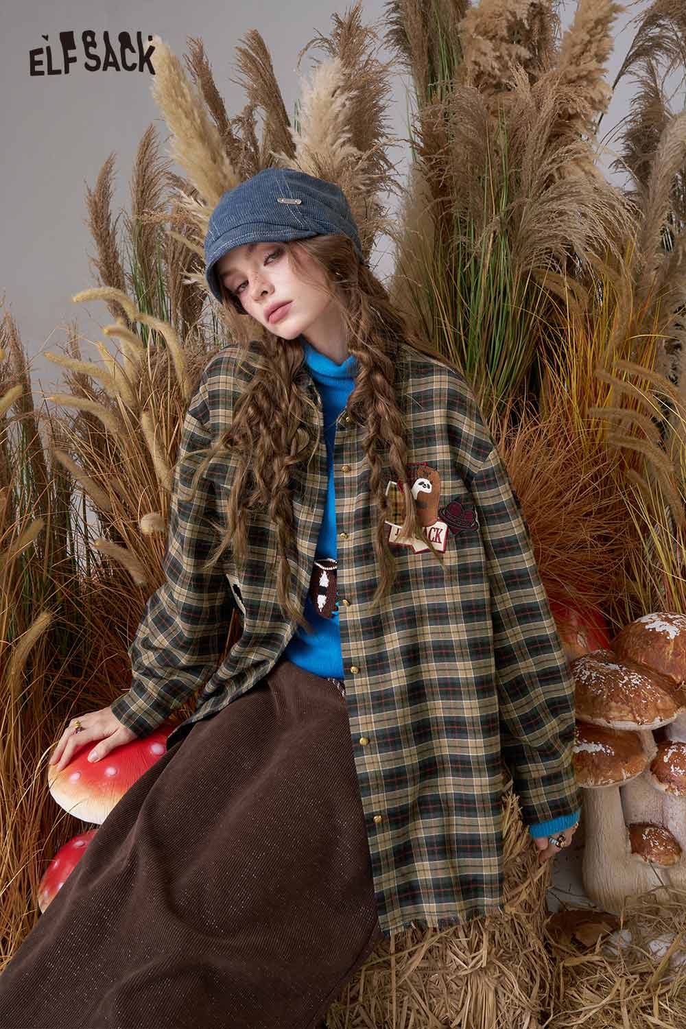 ELFSACK women's bear embroidery plaid shirt featuring a relaxed fit with a unique design for a stylish look