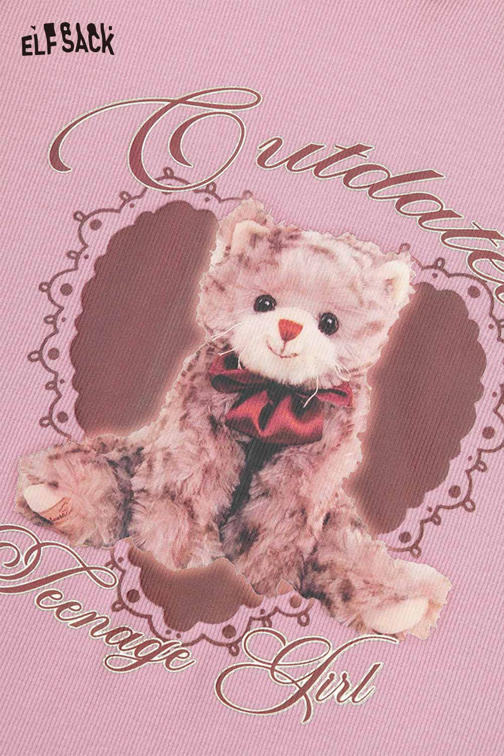 ELFSACK women's bear graphic hoodie featuring a cute teddy bear design on a pink background