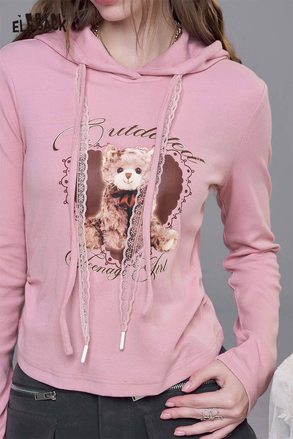 ELFSACK women's bear graphic hoodie in pink featuring a cute teddy bear print and lace details