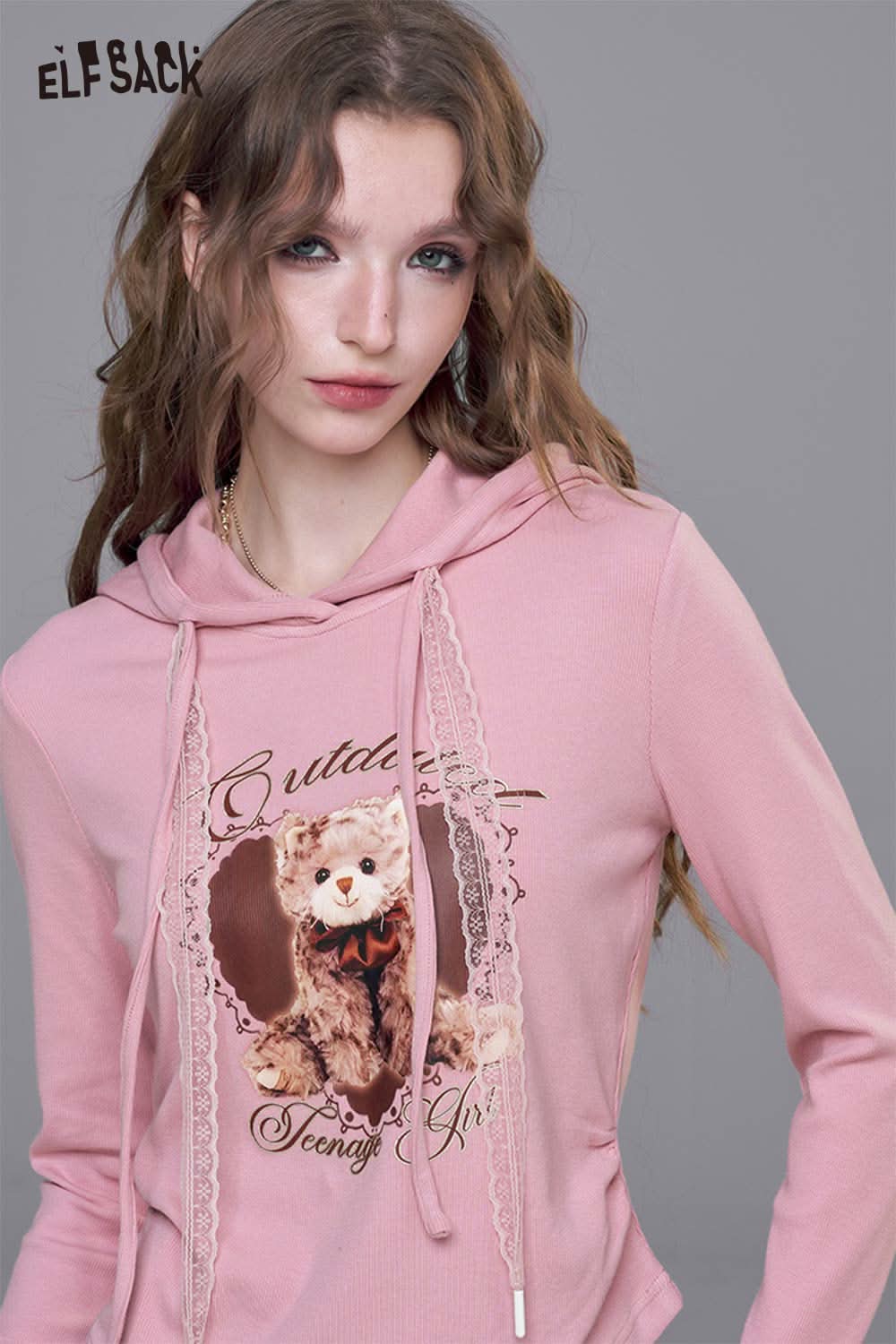 ELFSACK women's bear graphic hoodie in pink with cute bear design and lace details