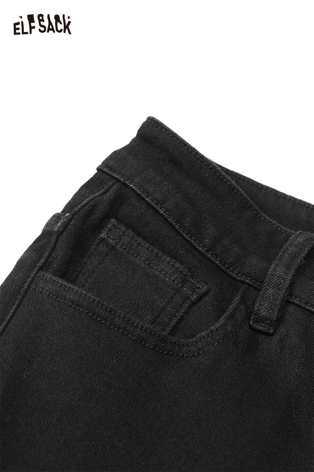 Close-up of ELFSACK women's black denim straight leg pants showing waistband and pocket details