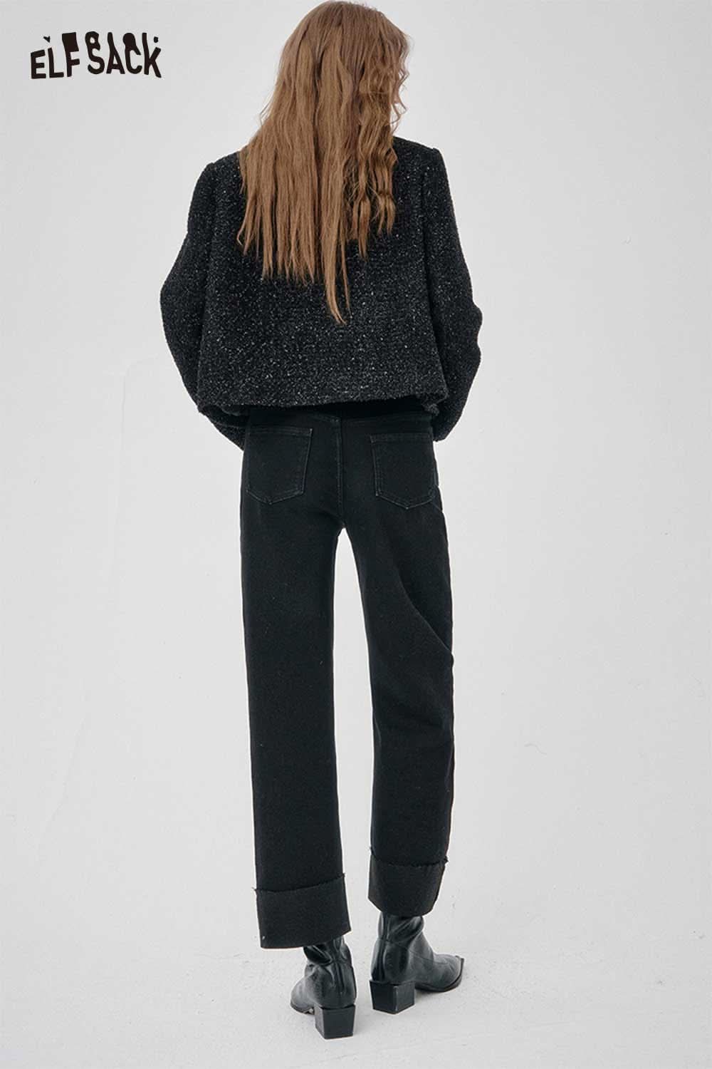 Back view of ELFSACK women's black denim straight leg pants paired with a stylish cropped sweater