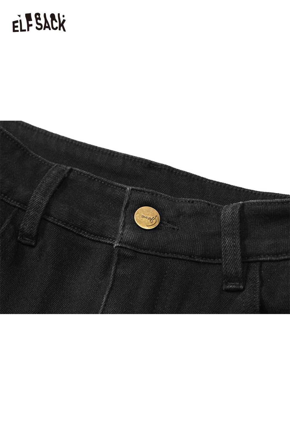 Close-up of ELFSACK women's black denim straight leg pants featuring a gold button detail