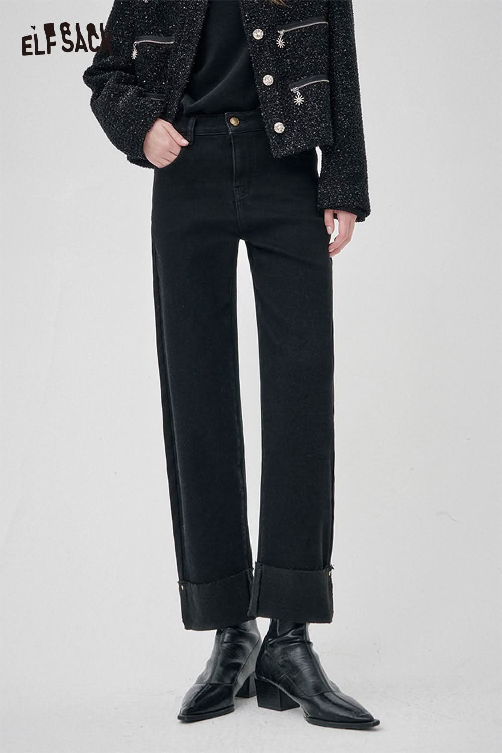 ELFSACK women's black denim straight leg pants with a tapered fit and stylish roll-up cuffs