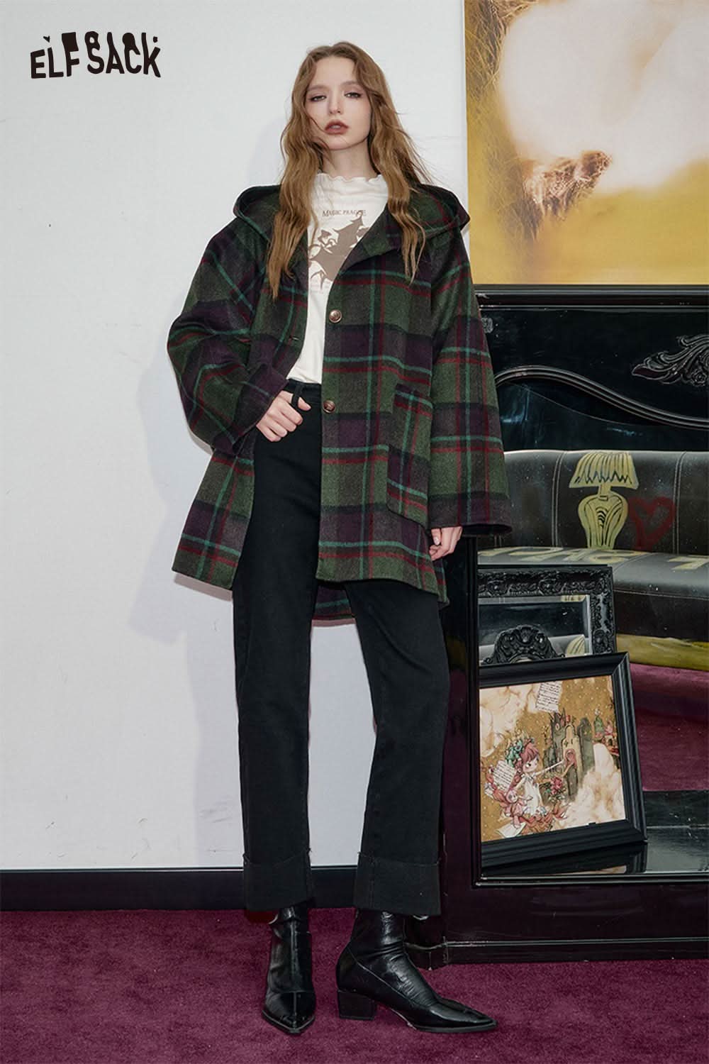 ELFSACK women's black denim straight leg pants paired with a plaid coat for a trendy look