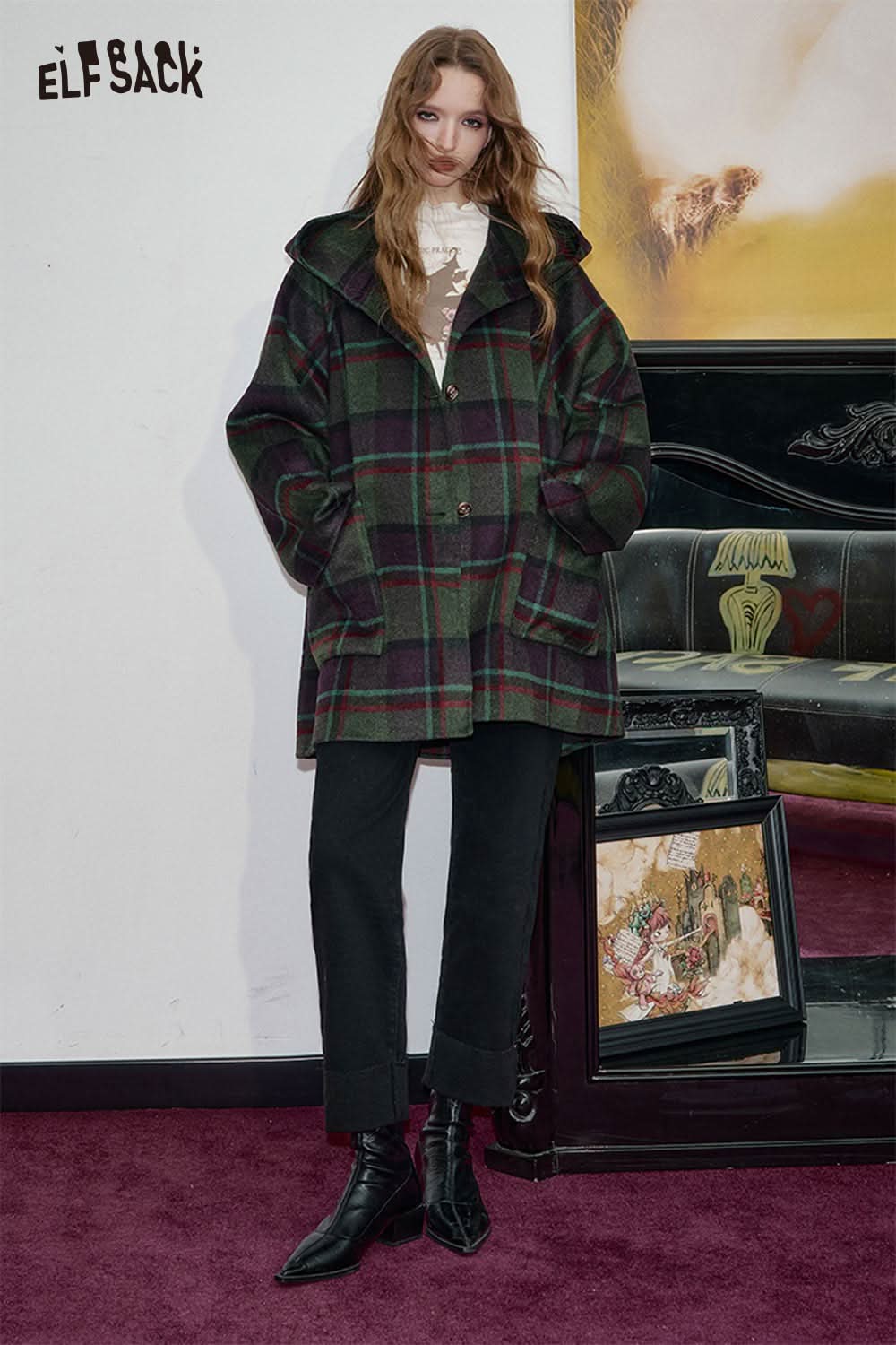 ELFSACK women's black denim straight leg pants paired with a plaid coat for a stylish look