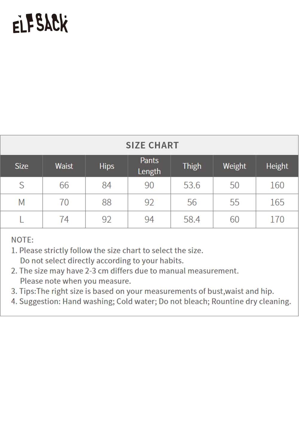 ELFSACK women's black denim straight leg pants size chart with measurements for fit selection