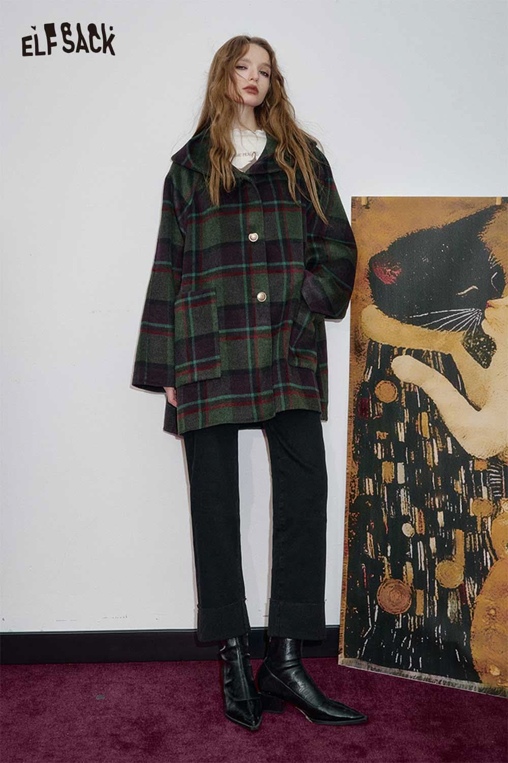 ELFSACK women's black denim straight leg pants paired with a plaid coat for a stylish look