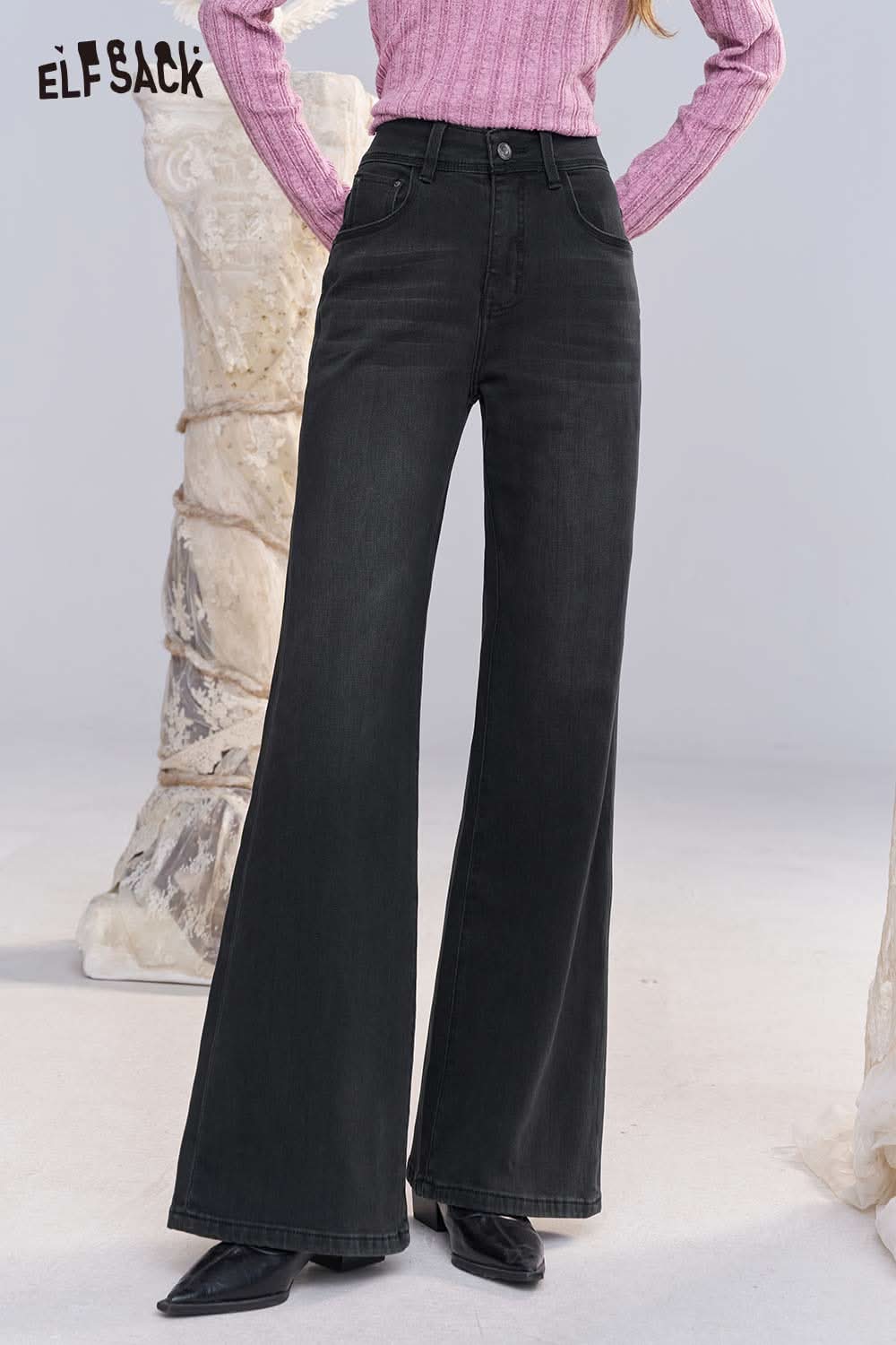 ELFSACK women's bootcut stretch denim jeans in black with a flattering fit and high waist design