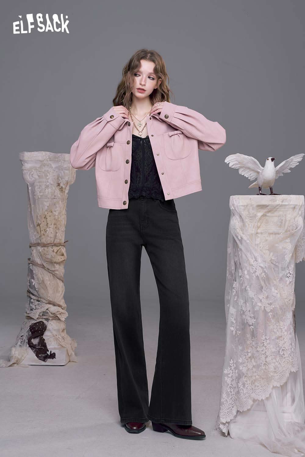 ELFSACK women's bootcut stretch denim jeans paired with a pink jacket for a stylish look