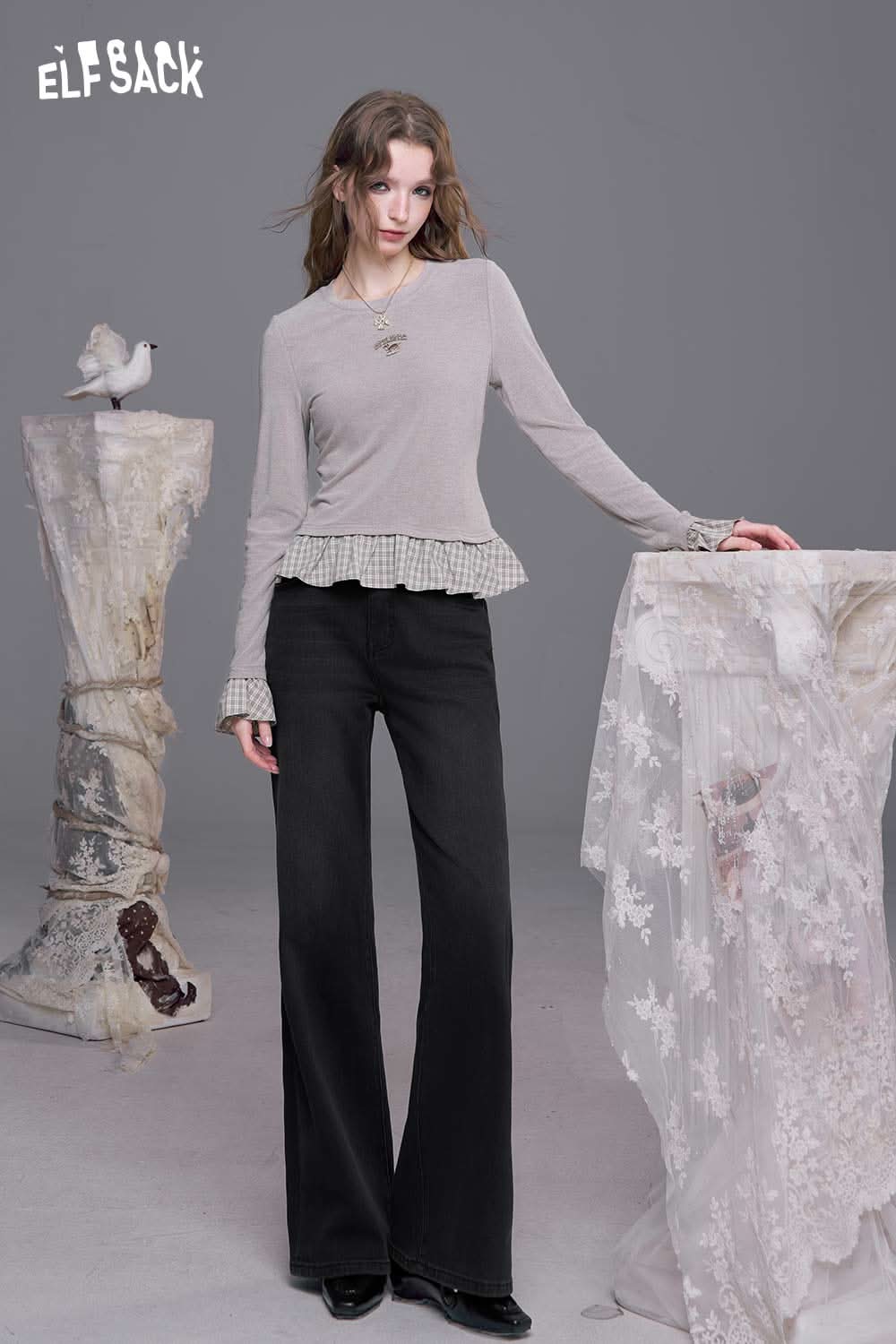 ELFSACK women's bootcut stretch denim jeans paired with a stylish gray top for a chic look