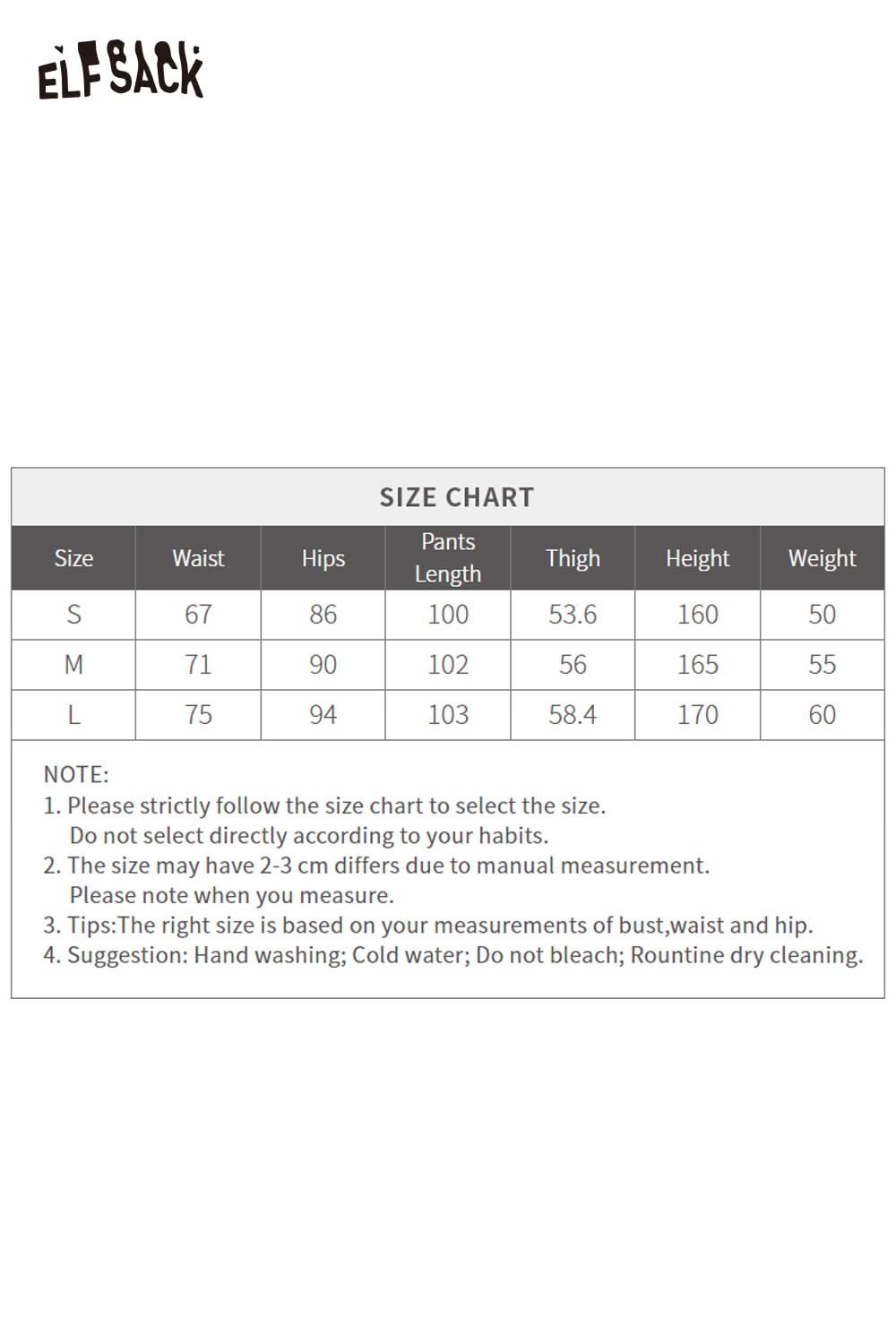 Size chart for ELFSACK women's bootcut stretch denim jeans with measurements for waist, hips, and length.