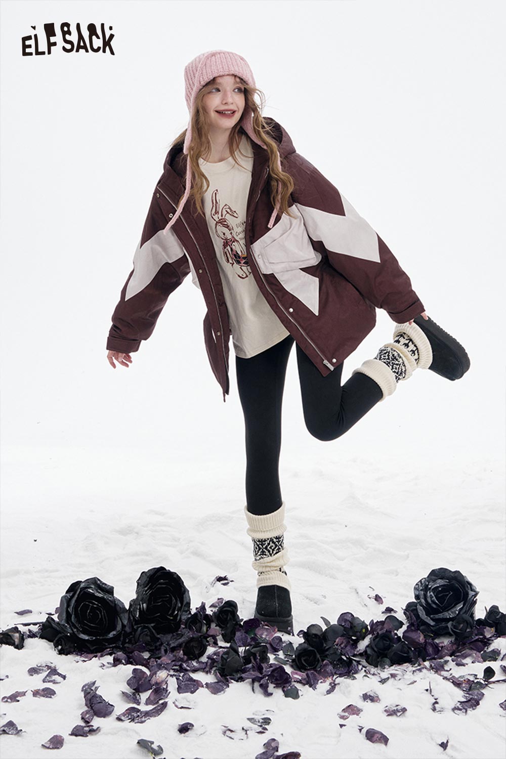 ELFSACK women's bow knot puffer jacket in burgundy with stylish design and cozy fit for cold weather