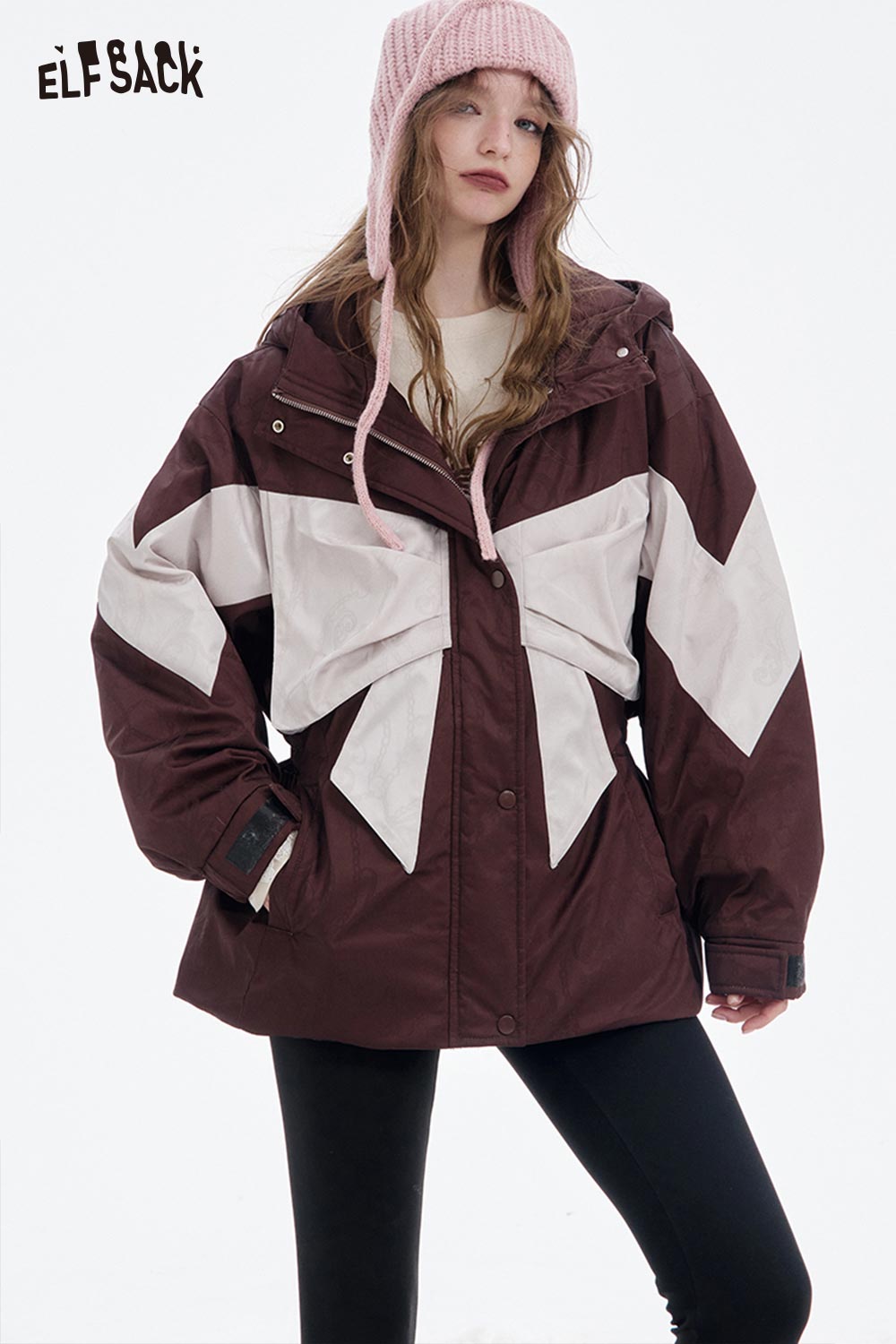 ELFSACK women's bow knot puffer jacket in burgundy and cream with a stylish design for winter warmth