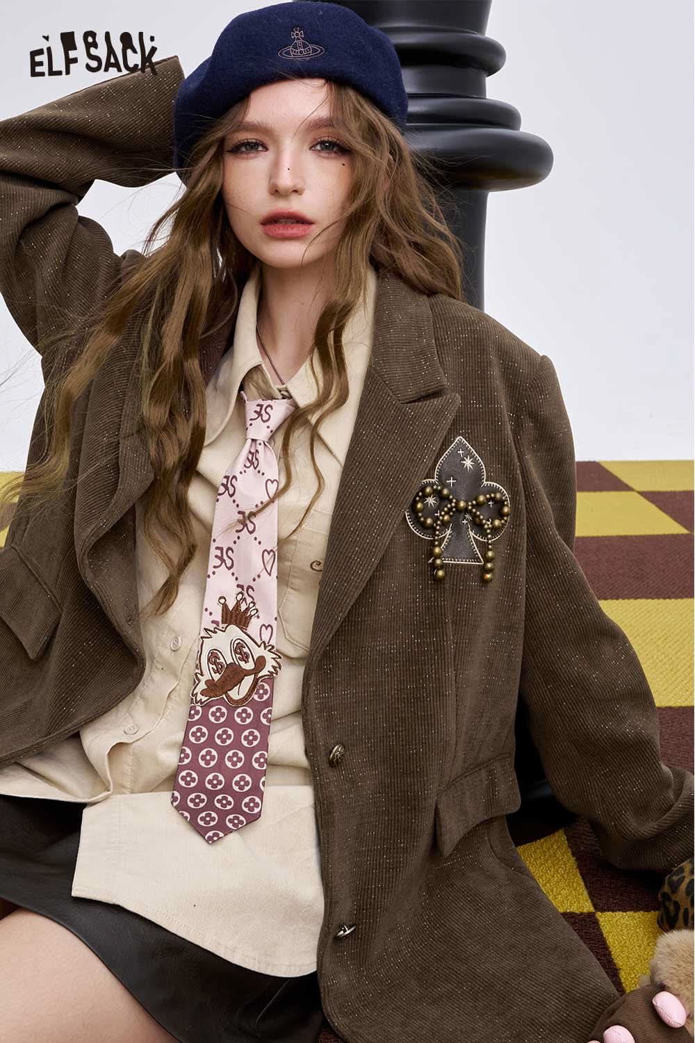 ELFSACK women's bowknot blazer in brown, featuring stylish buttons and a chic brooch for a trendy look
