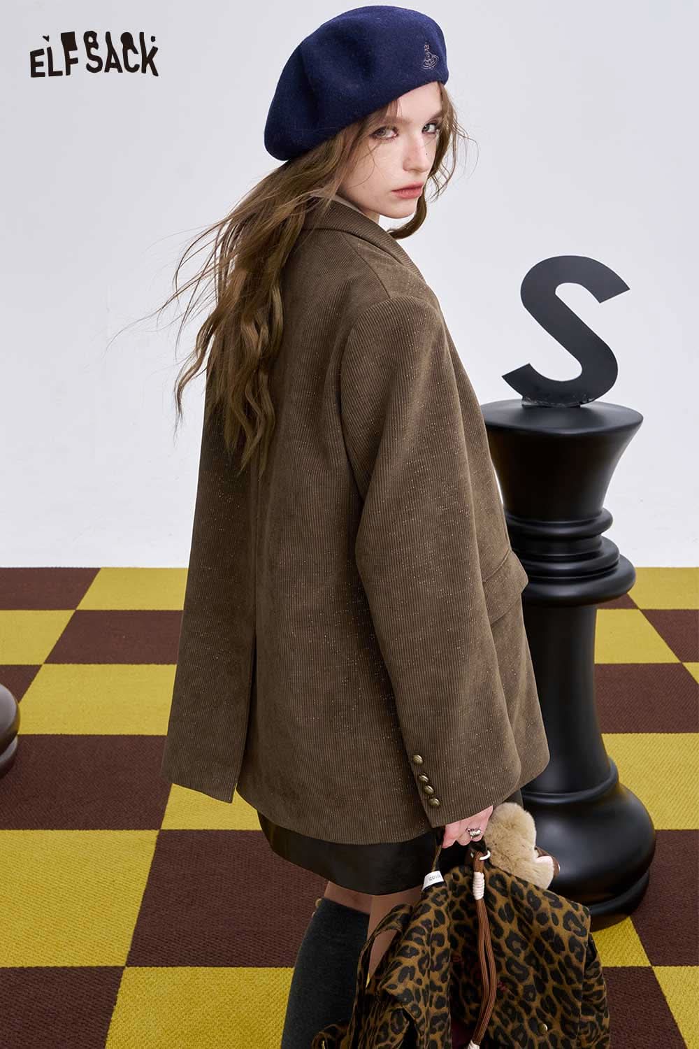 ELFSACK women's bowknot blazer in brown, styled with a beret and carrying a bag, perfect for trendy outfits.