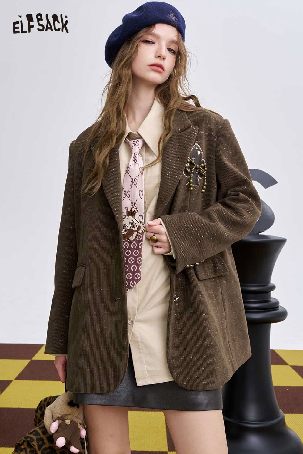 ELFSACK women's bowknot blazer in brown corduroy with unique detailing and a stylish fit