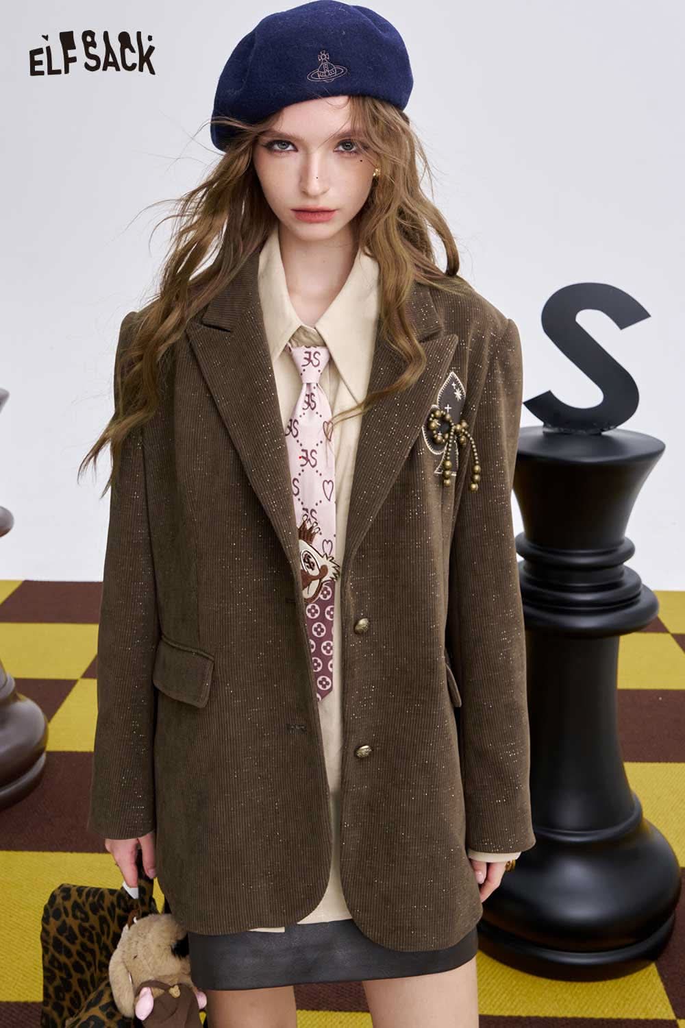 ELFSACK women's bowknot blazer in brown corduroy with a stylish oversized fit and unique details