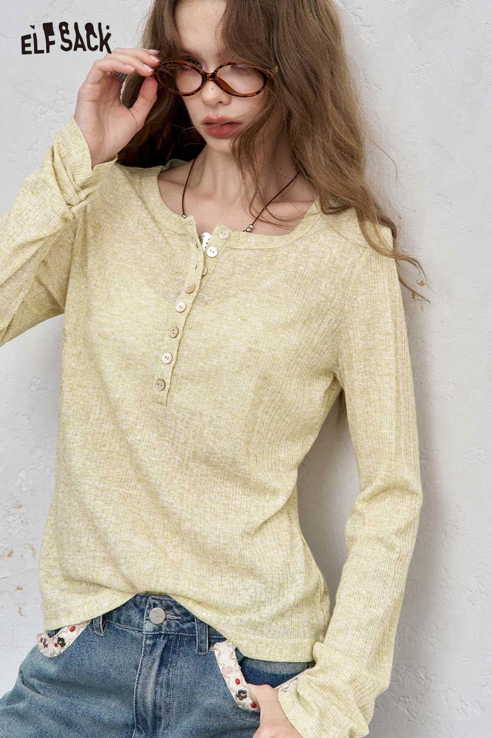 ELFSACK women's brushed jersey baselayer in soft yellow with a button front and long sleeves