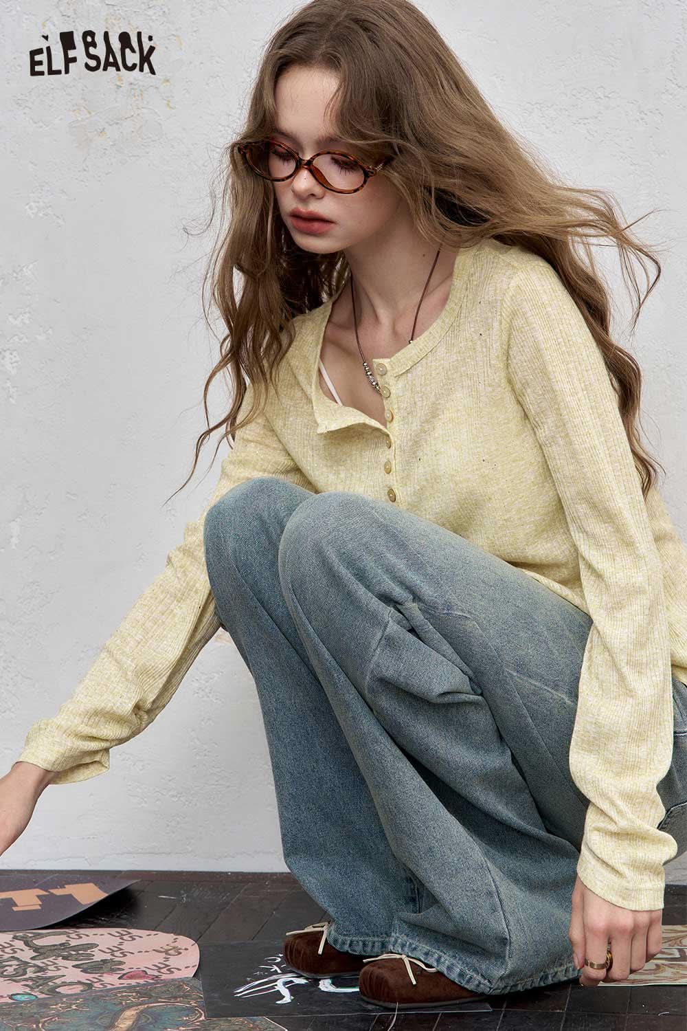 ELFSACK women's brushed jersey baselayer in soft yellow featuring long sleeves and a button-up design