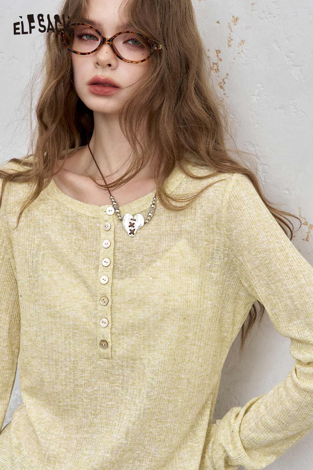 ELFSACK women's brushed jersey baselayer in soft yellow with a button-up design and relaxed fit