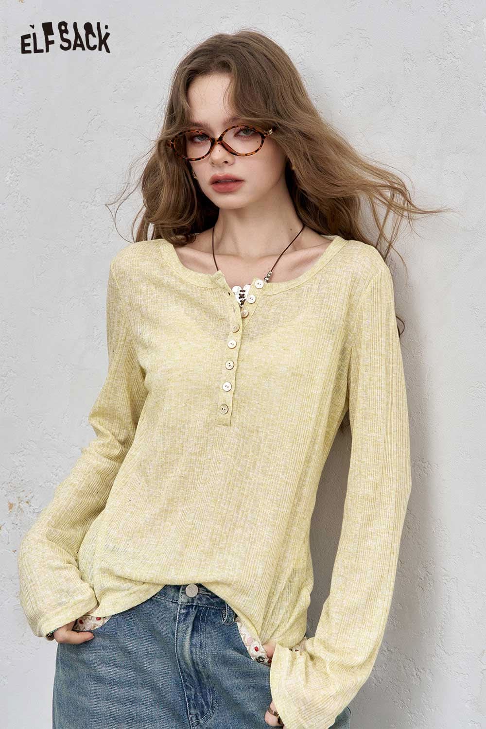 ELFSACK women's brushed jersey baselayer in soft yellow with button accents and relaxed fit