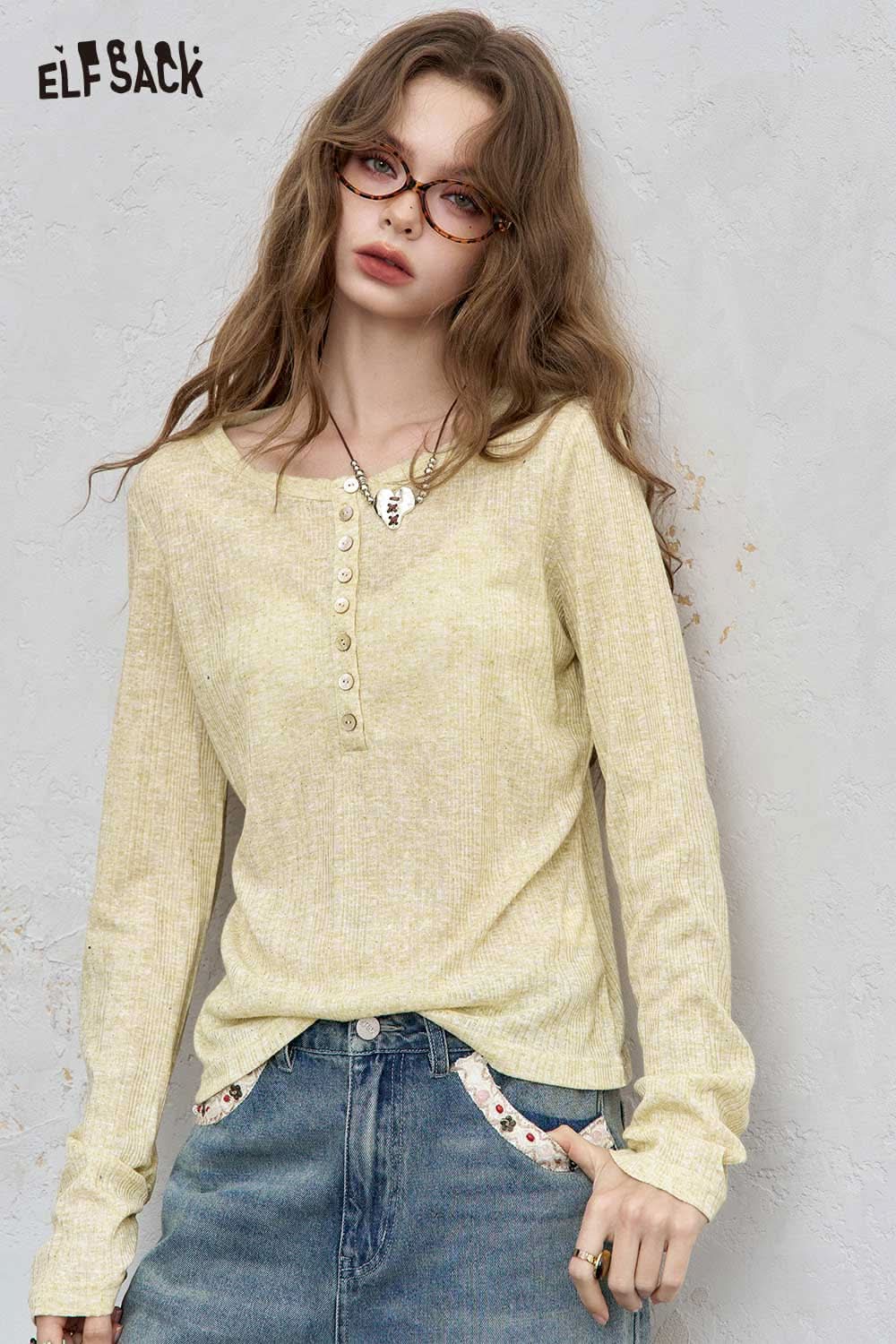 ELFSACK women's brushed jersey baselayer in soft yellow with a button-up neckline and long sleeves