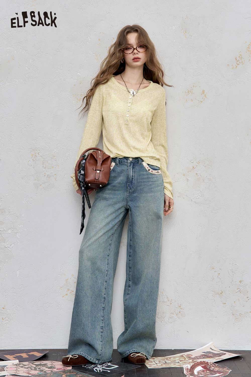 ELFSACK women's brushed jersey baselayer in soft yellow paired with wide-leg jeans for a stylish look