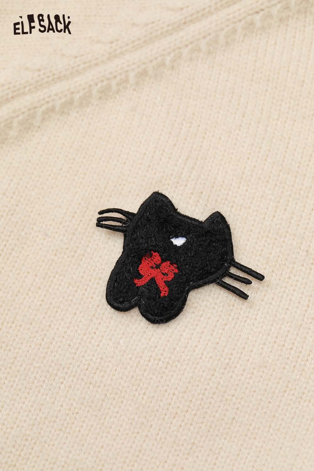 Women's cartoon embroidery knit cardigan featuring a black cat patch with a red bow by ELFSACK