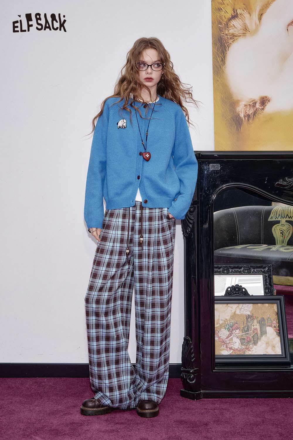 ELFSACK women's cartoon embroidery knit cardigan in blue with playful designs and a cozy fit