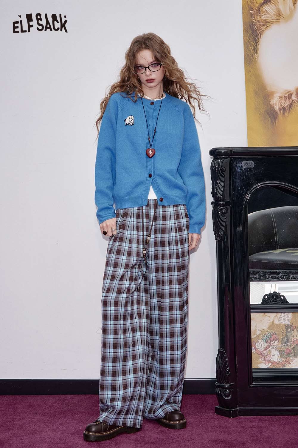 ELFSACK women's cartoon embroidery knit cardigan in blue, styled with plaid trousers for a trendy look.