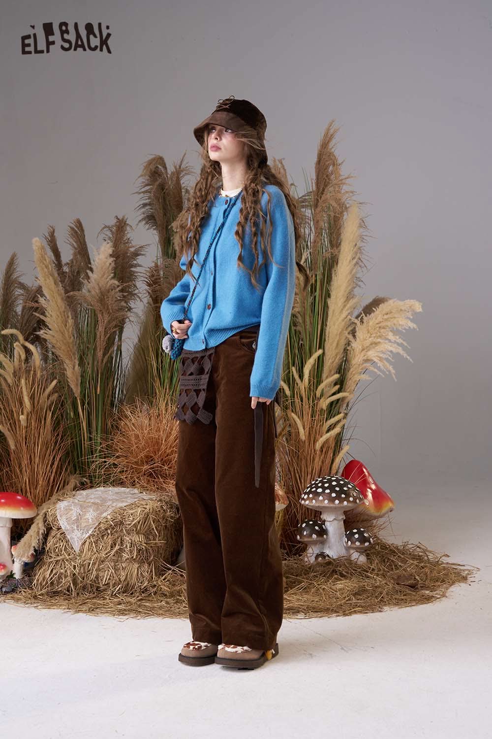 ELFSACK women's cartoon embroidery knit cardigan in blue paired with brown pants and hat