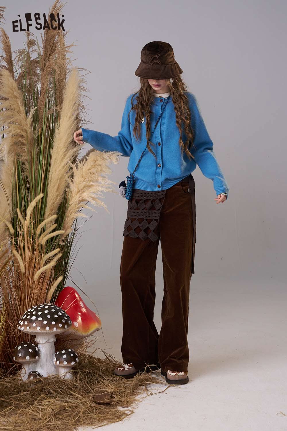 ELFSACK women's cartoon embroidery knit cardigan in blue, styled with wide brown pants for a casual look