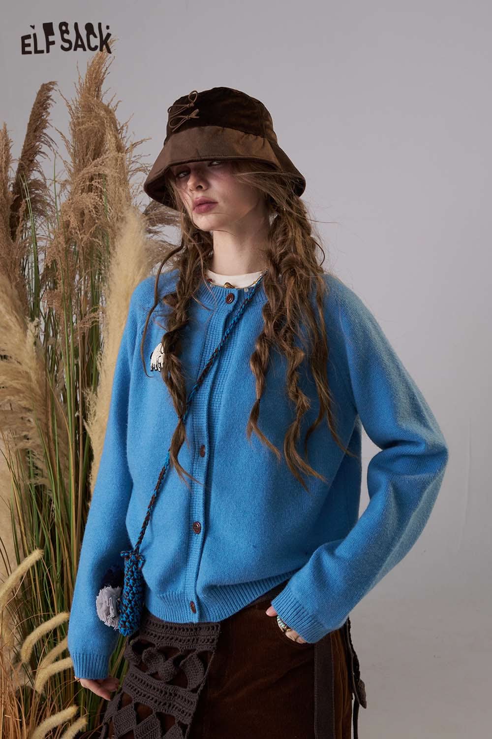 ELFSACK women's cartoon embroidery knit cardigan in blue with button closure and cozy fit