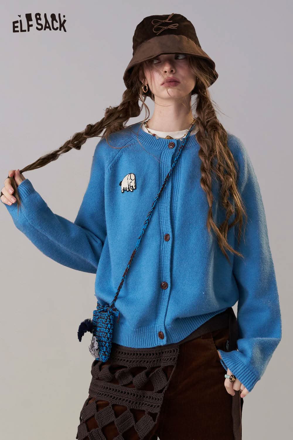 ELFSACK women's cartoon embroidery knit cardigan in vibrant blue with playful design