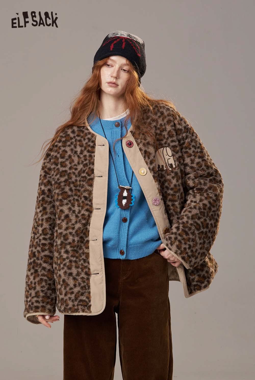 ELFSACK women's cartoon embroidery knit cardigan in a stylish brown leopard print design