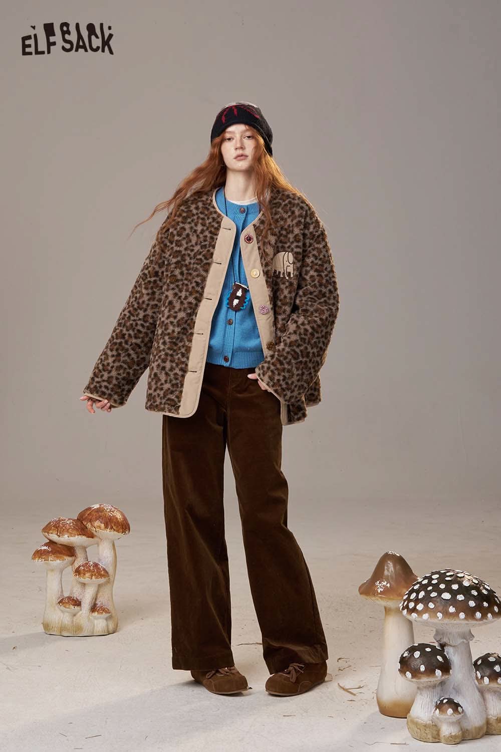ELFSACK women's cartoon embroidery knit cardigan featuring a stylish leopard print design